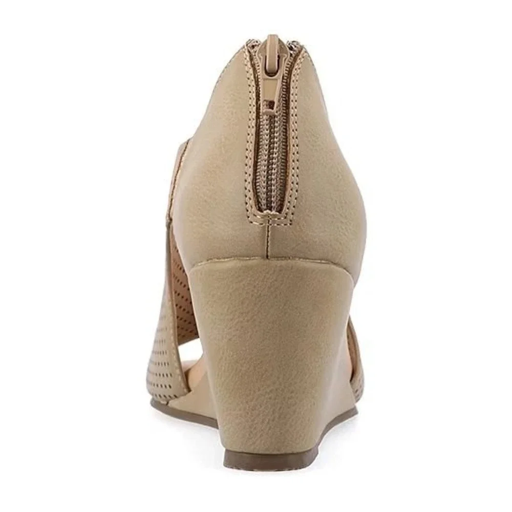 Journee Collection Aretha Taupe Perforated Wedge Sandals Womens 7WD Wide Width
